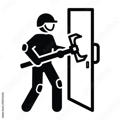 Black and white icon showing tactical responder prying open door with specialized tools