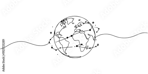 Continuous one line of a globe encircled by stars symbolizing unity, drawn illustration.