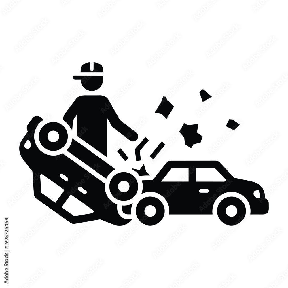 Naklejka premium Black silhouette of a traffic accident involving two cars and person standing nearby