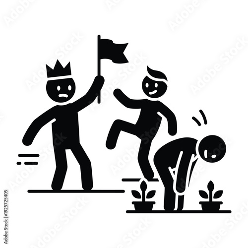 A black and white illustration depicting power dynamics between a ruler and working laborers