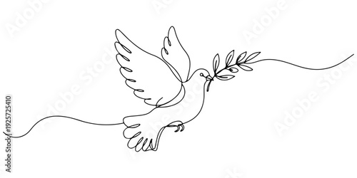 Continuous one line of a dove with an olive branch, drawn illustration.