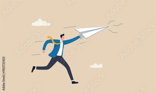 Start entrepreneurship business success concept, ambitious businessman running about to throwing to launch big paper airplane origami.