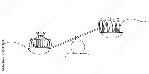 Continuous one line of a scale balancing authority and people, drawn illustration.