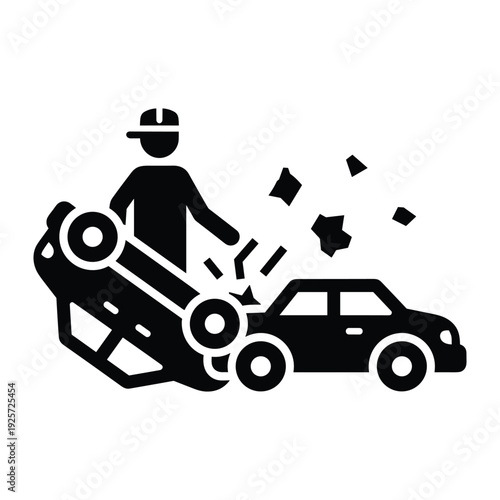 Black silhouette of a traffic accident involving two cars and person standing nearby