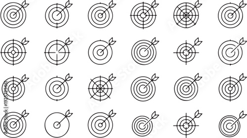 A large grid of simple black outline icons displaying various archery targets with arrows hitting the bullseye