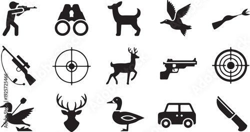 A varied set of hunting and outdoor activity icons featuring equipment and wild animals