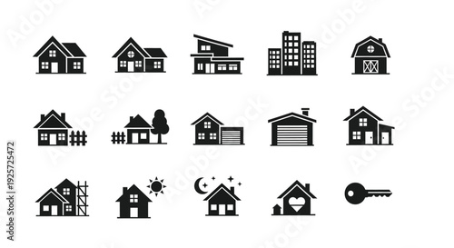 Variety of house and building icons presented in black silhouette