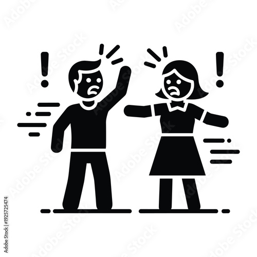 Solid black icon depicting couple having a loud verbal fight with exclamation marks