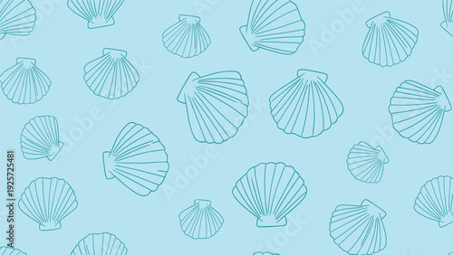 Simple seamless pattern featuring teal blue sea shell outlines on a light blue background for ocean theme.