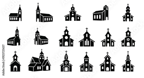 Collection of various church building designs in black silhouette