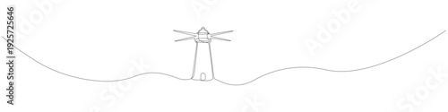 Continuous one line drawing of a coastal lighthouse standing on a hill with a searchlight. Minimalist nautical beacon architectural vector illustration.