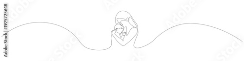 Tender continuous one line drawing of a mother hugging her baby. Heartfelt minimalist motherhood illustration representing love, care, and protection.