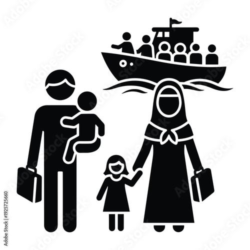 Silhouette of a migrant family with suitcases and children seeking asylum by boat travel