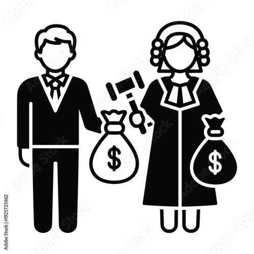 Businessman and judge holding dollar bags symbolizing legal bribery and courtroom justice system
