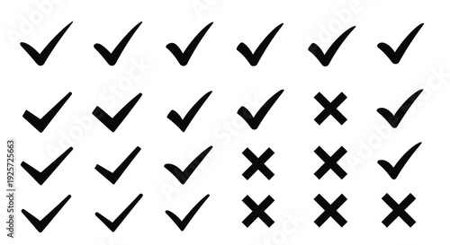 Arrangement of check marks and crosses in a grid silhouette