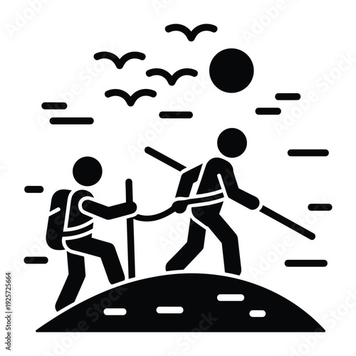 People hiking uphill with backpacks and walking sticks during sunny day with flying birds