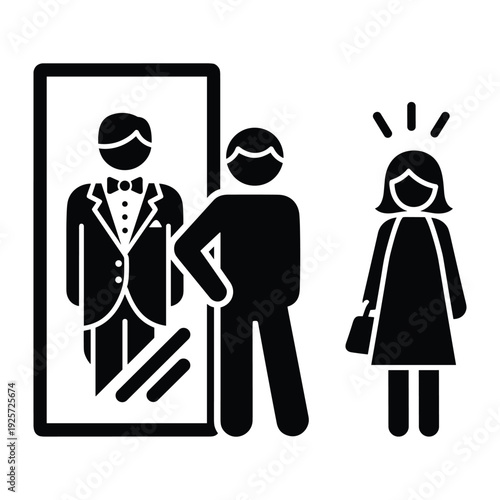 Pictogram of man viewing his formal suit reflection in a mirror with woman