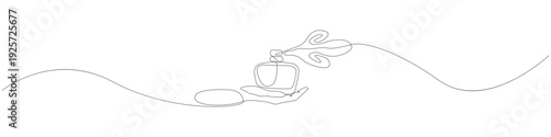 Sophisticated continuous one line drawing of a hand holding a perfume bottle with a scent mist. Minimalist luxury fragrance vector for beauty brands.