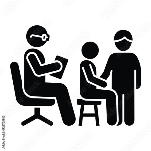 Doctor talking to young patient and parent during medical checkup or therapy session