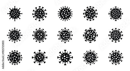 Multiple coronavirus depictions arranged in a grid black silhouette