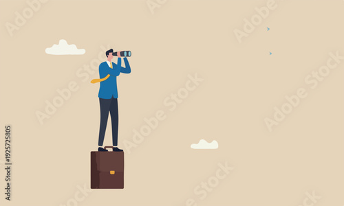 Career future success career path, ambition to find work opportunity, job promotion or business strategy concept, businessman climb up on briefcase see through binoculars