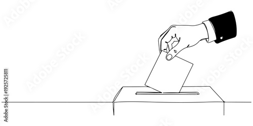 Continuous one line of a hand placing a vote in a ballot box, drawn illustration.