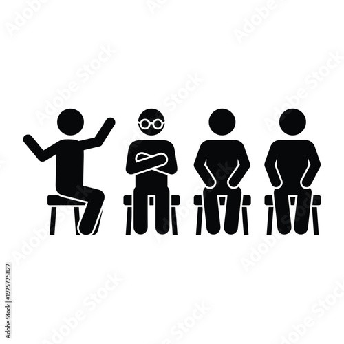 Minimalist pictogram showing four diverse people sitting on chairs in a straight row