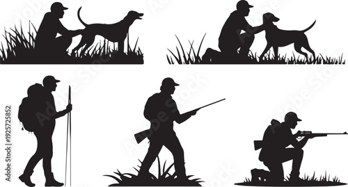 Black silhouettes depict hunters with dogs, rifles, and gear in various outdoor settings and poses