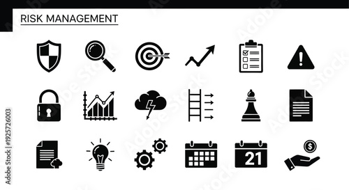 Risk management icons arranged in a grid dark monochromatic silhouette