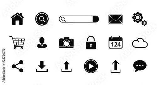 Collection of common website and application icons in black silhouette