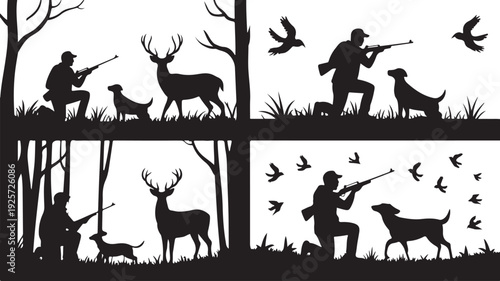 Four distinct silhouette scenes depict hunters with dogs pursuing deer and birds