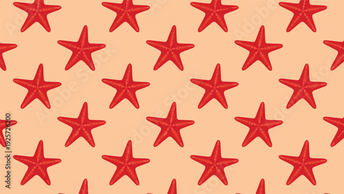 Seamless background pattern featuring numerous red starfish scattered across a light orange surface for nautical and summer themes.