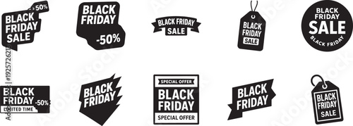 Modern Black Friday sale labels banners and discount tags in red black white vector set.