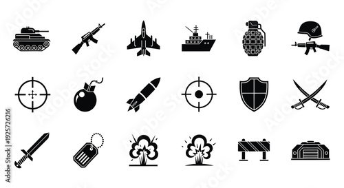 Military icons and weaponry depicted in a stark black silhouette
