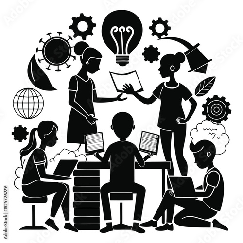 A professional, diverse team collaborating on innovative ideas and sharing knowledge in a productive work environment