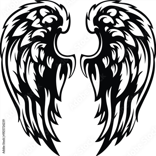 Tribal Angel Wings Tattoo Illustration, Sharp Black Silhouette Vector for Gothic Design