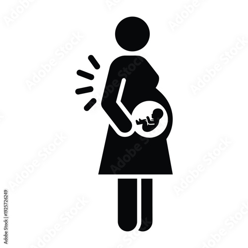 Black silhouette of a pregnant woman with a visible fetus experiencing back pain