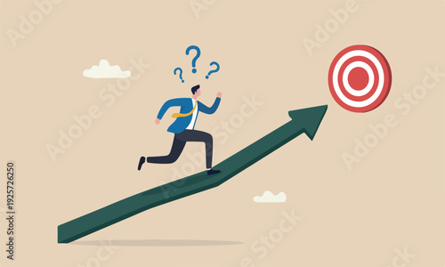 Progress reaching challenge to achieve success, career growth or improvement concept, ambitious businessman running on growth arrow path to target bullseye