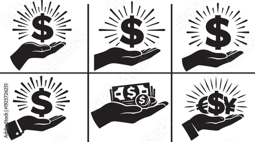 Hand holding dollar sign icon with rays for financial growth prosperity wealth management concept.