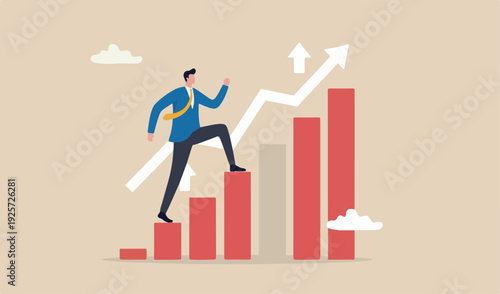 Career advancement, development business growth, progress more responsibility salary promotion, improvement opportunity concept, success businessman step up growing bar graph stairs