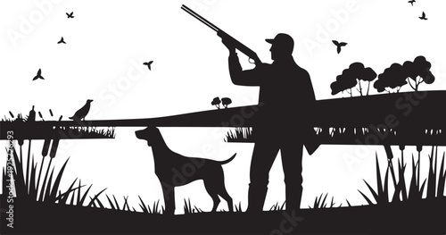 Man with a shotgun and his hunting dog stands in a marsh with flying birds