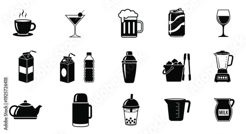 Variety of beverage containers and food items in black silhouette