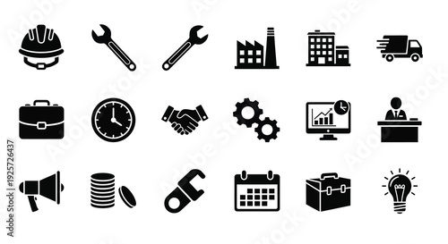 Construction and business icons arranged in a flat black silhouette