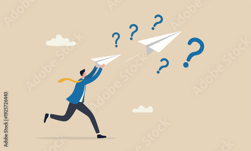 Start entrepreneurship achieve business success concept, ambitious businessman running about to throwing to launch big paper airplane origami.