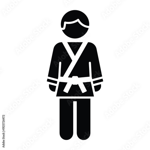 Black silhouette icon of person dressed in a martial arts gi and belt