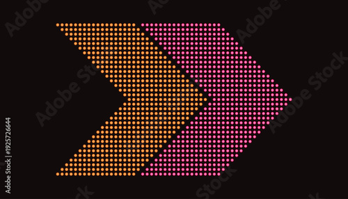 Directional arrow symbol composed of glowing LED dots. The design features a vibrant orange chevron followed by red pointer, representing technology, progress, and digital navigation.