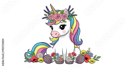Wallpaper Mural Adorable cartoon unicorn with colorful flowers and rainbow mane Torontodigital.ca