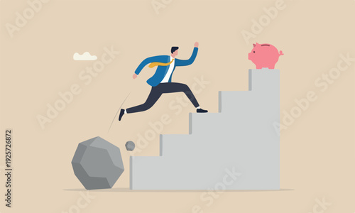 Overcome obstacle piggy bank win competition, skill or leadership concept, businessman jump over falling boulder to climb up stair of success