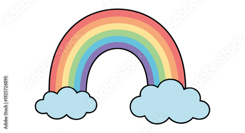 Colorful footprints lead to vibrant rainbow and fluffy white clouds