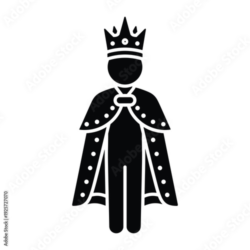 Minimalist black silhouette of a monarch wearing a crown and a long royal robe